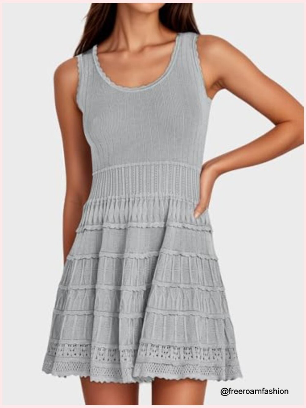 Womens Summer Mini Dress Casual Crewneck Knitted Crochet Hem Flowy Tank Sundress - Picture 5 of 7